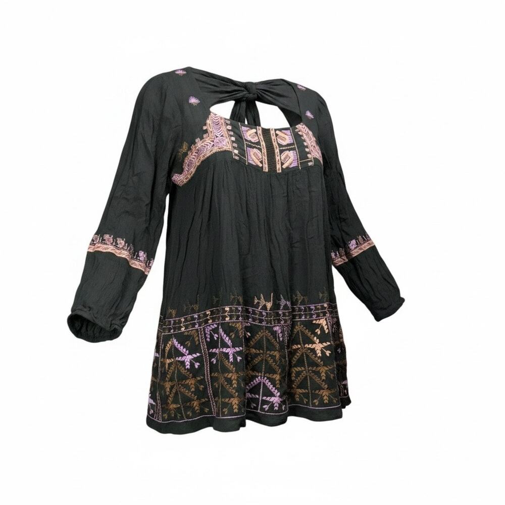 Free People S Black Embroidered Boho Mini Dress Tunic Long Sleeve Festival